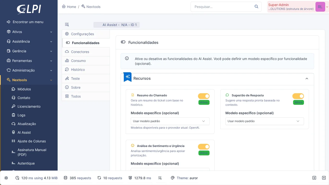 Aba Funcionalidades do AI Assist com opções de resumo, resposta e análise de sentimento