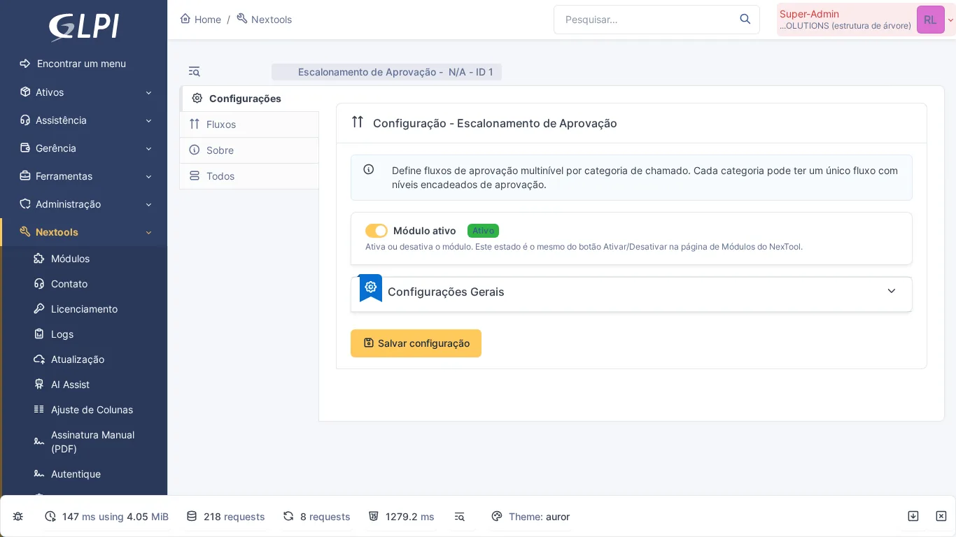 Página de configuração do módulo Approval Flow no GLPI com fluxo de aprovação multinível