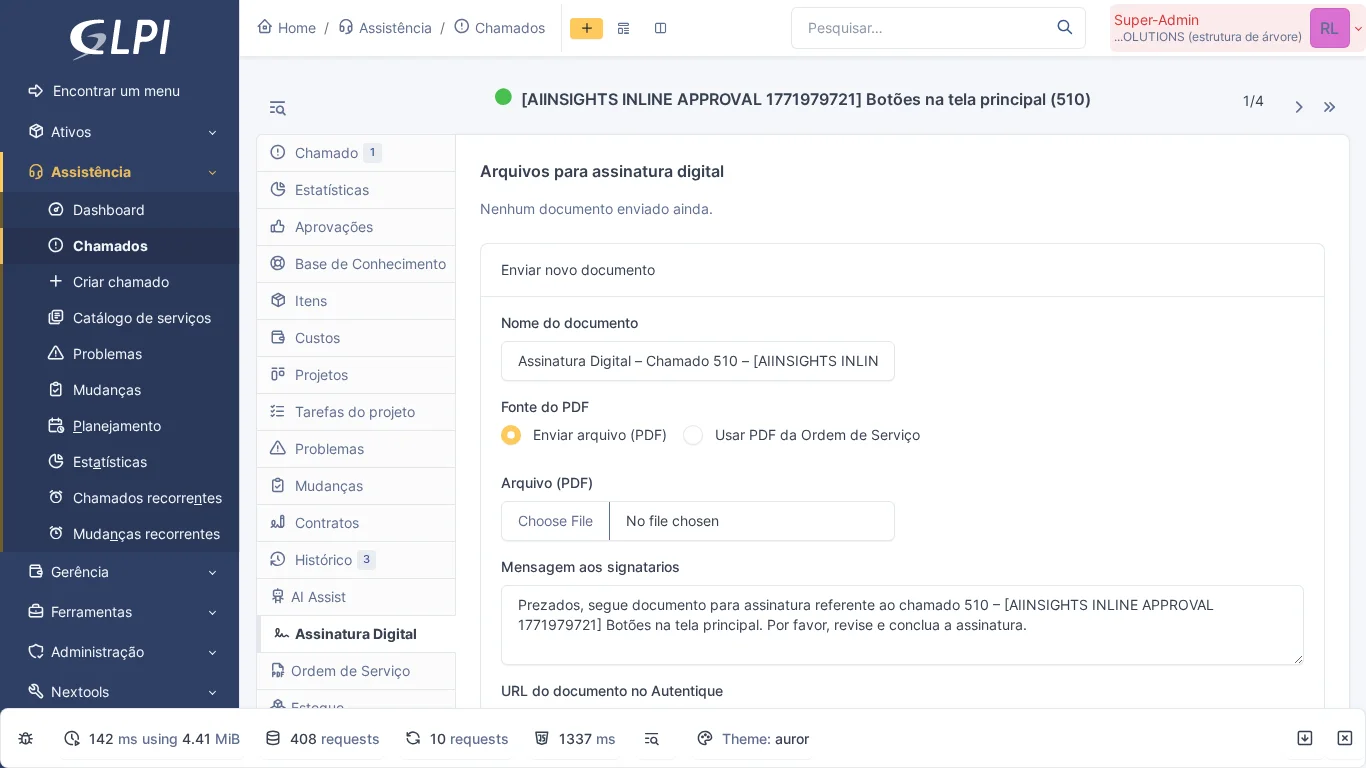 Pestaña Firma Digital en el ticket de GLPI con campos para envío de documento PDF y mensaje a los firmantes vía Autentique