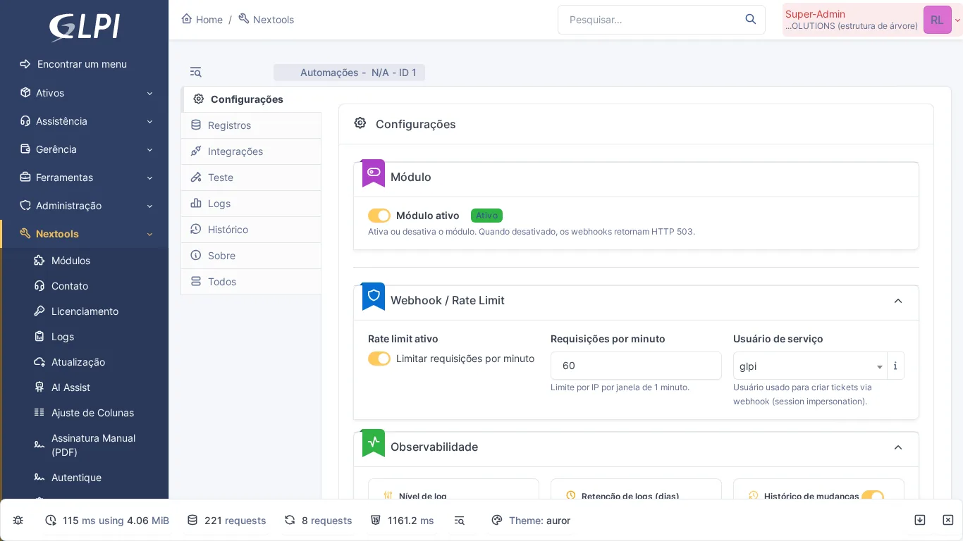 Página de configuração do módulo Automações no GLPI com webhook, rate limit e observabilidade