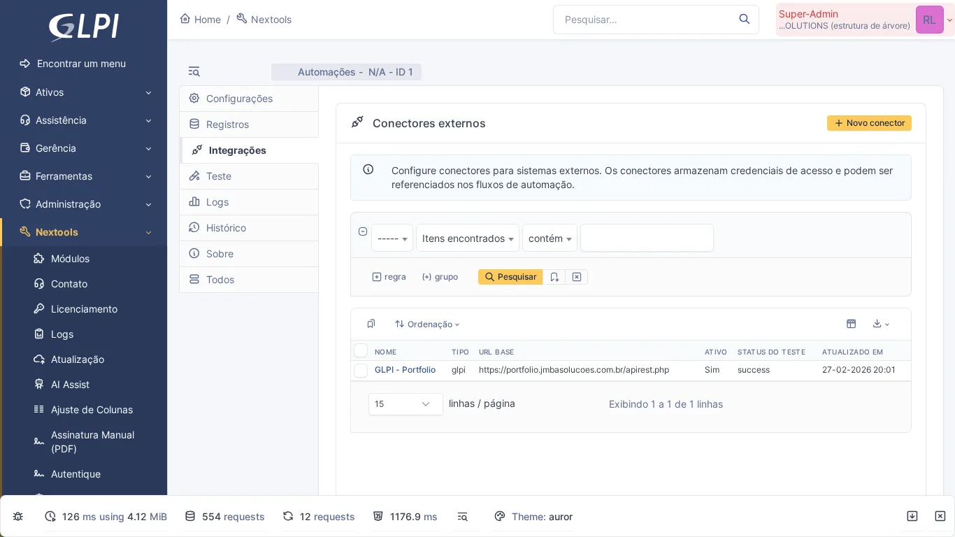 Aba Integrações do módulo Automações no GLPI com conectores configurados