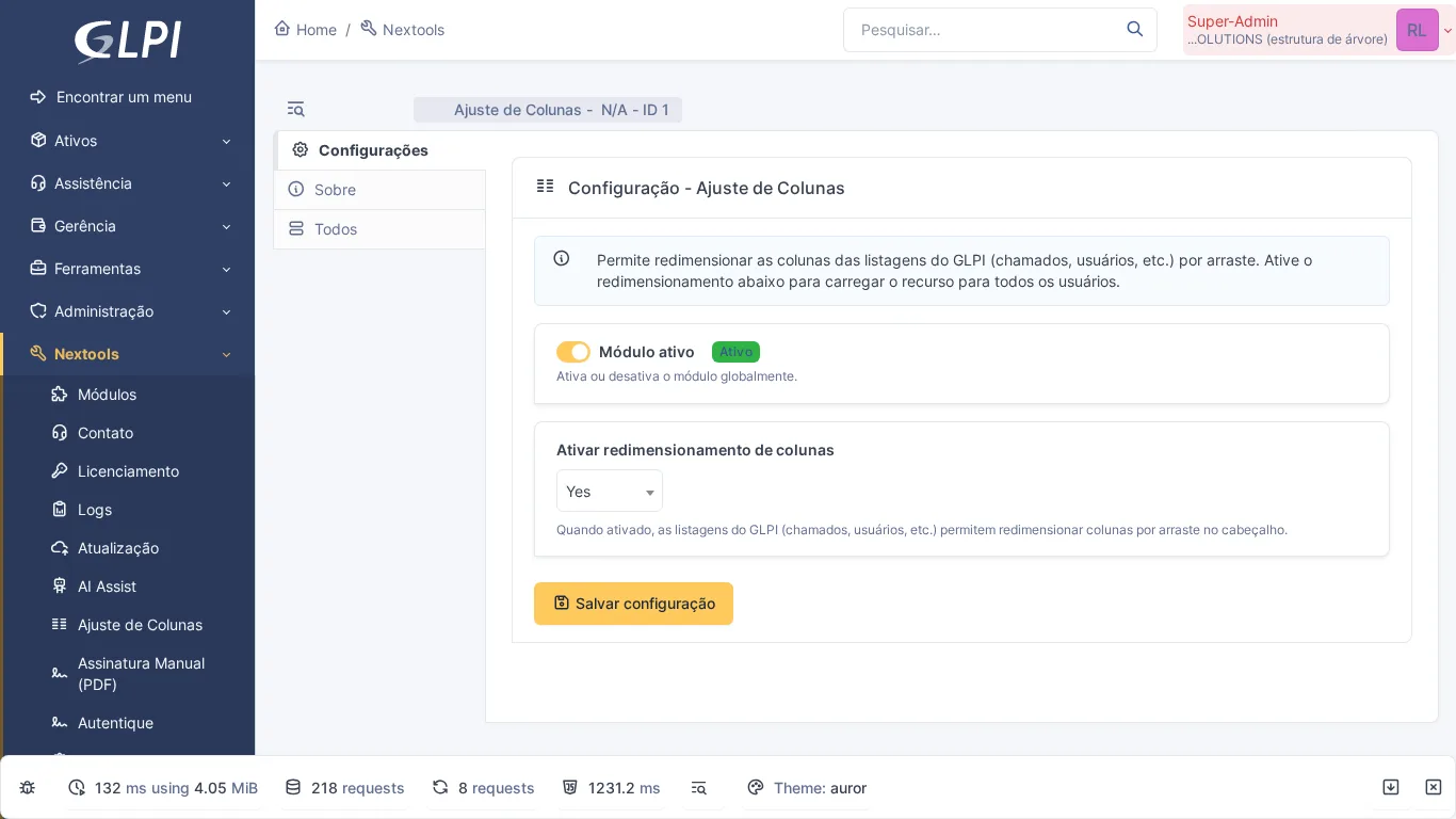 Página de configuração do módulo Column Resize no GLPI