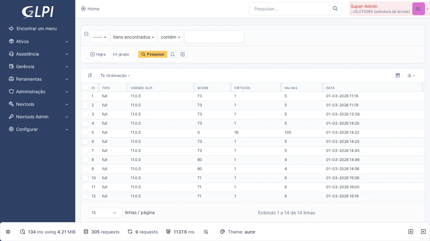 Liste des registres de scan CVE dans GLPI avec résultats de vulnérabilités trouvées