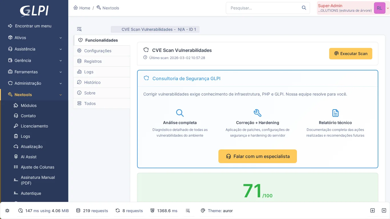Page de configuration du module CVE Scan dans GLPI avec vérification de vulnérabilités