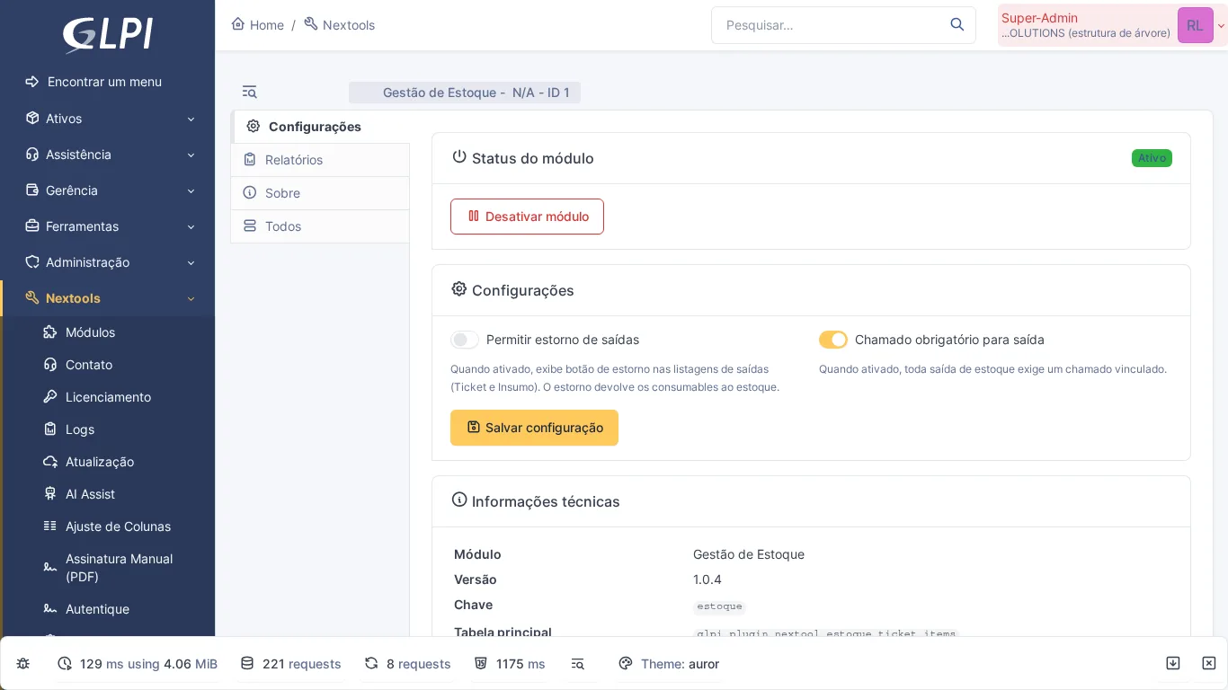 Página de configuração do módulo Estoque no GLPI com opções de estorno e obrigatoriedade