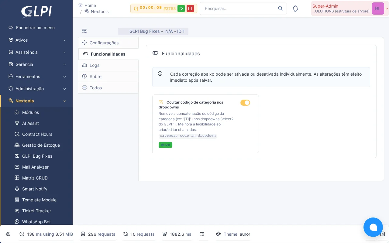 Pestaña Funcionalidades del módulo GLPI Bug Fixes en NexTool, mostrando el toggle de ocultar código de categoría activo