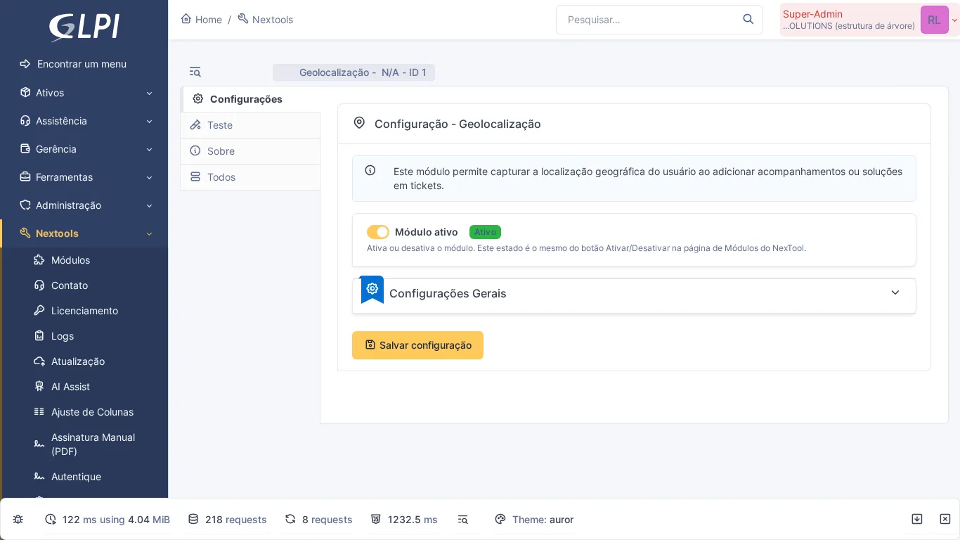 Página de configuração do módulo Geolocation no GLPI com opções de geolocalização