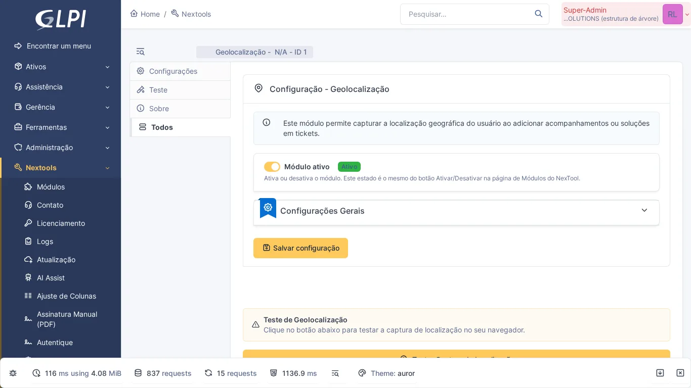 Visão geral do módulo Geolocation no GLPI com todas as configurações e abas