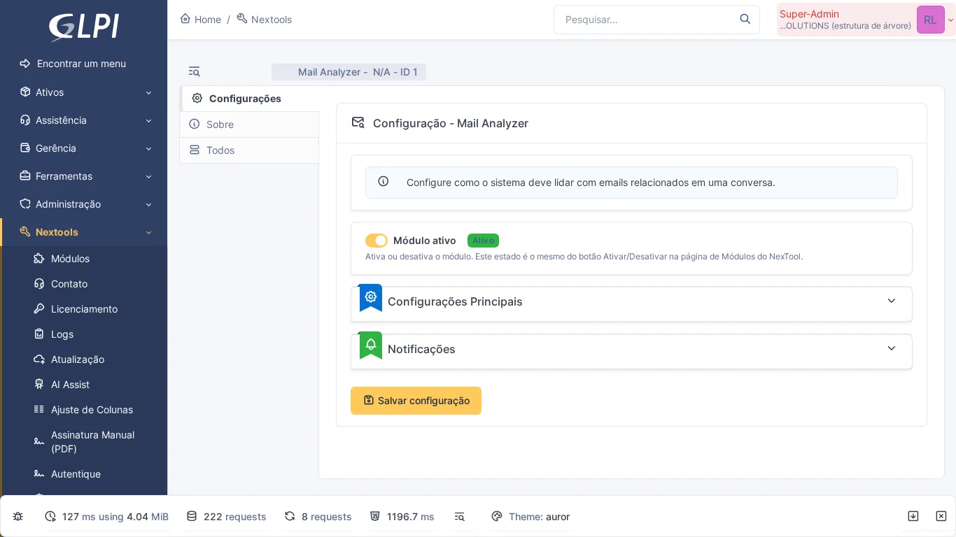 Página de configuração do módulo Mail Analyzer no GLPI com opções de análise de e-mails