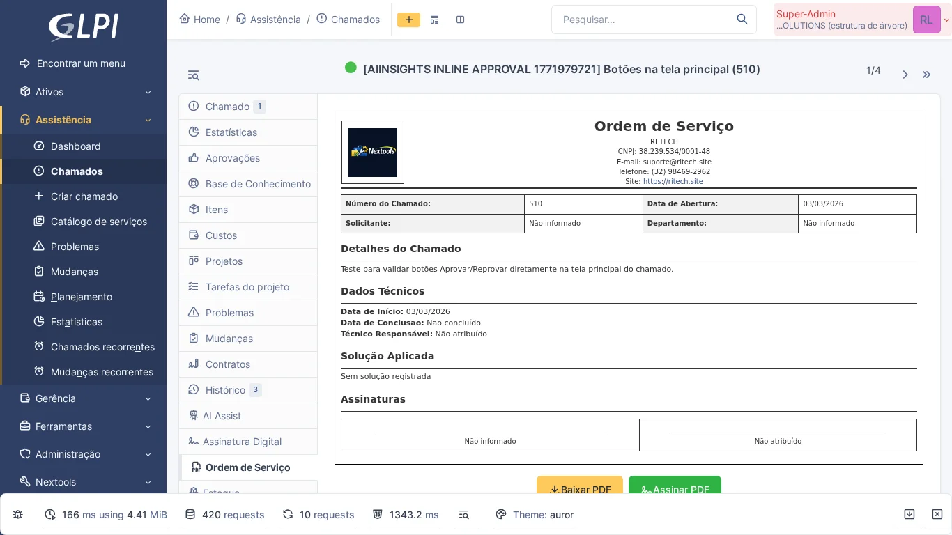 Pestaña Orden de Servicio en el ticket de GLPI con preview del PDF conteniendo datos del ticket, técnico y firmas