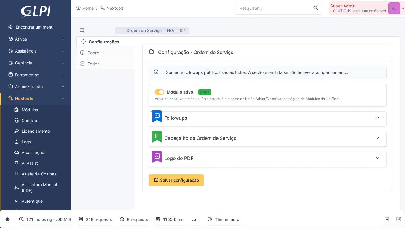 Página de configuración del módulo Orden de Servicio en GLPI