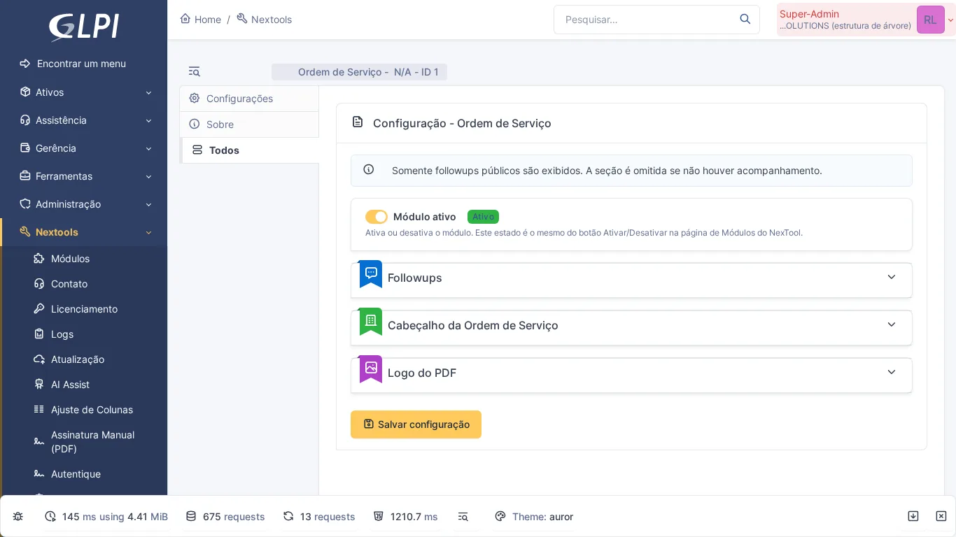 Vista general del módulo Orden de Servicio con configuraciones de modelo y campos