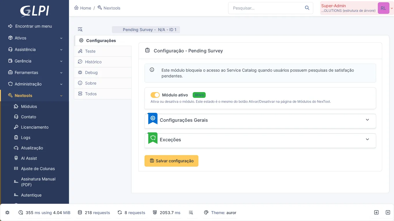 Página de configuração do módulo Pending Survey no GLPI com bloqueio por pesquisa pendente
