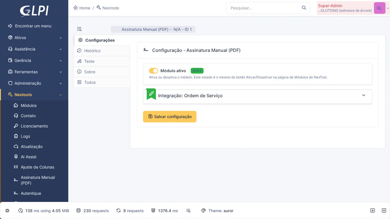 Página de configuración del módulo Signature Pad en GLPI con opciones de firma manual
