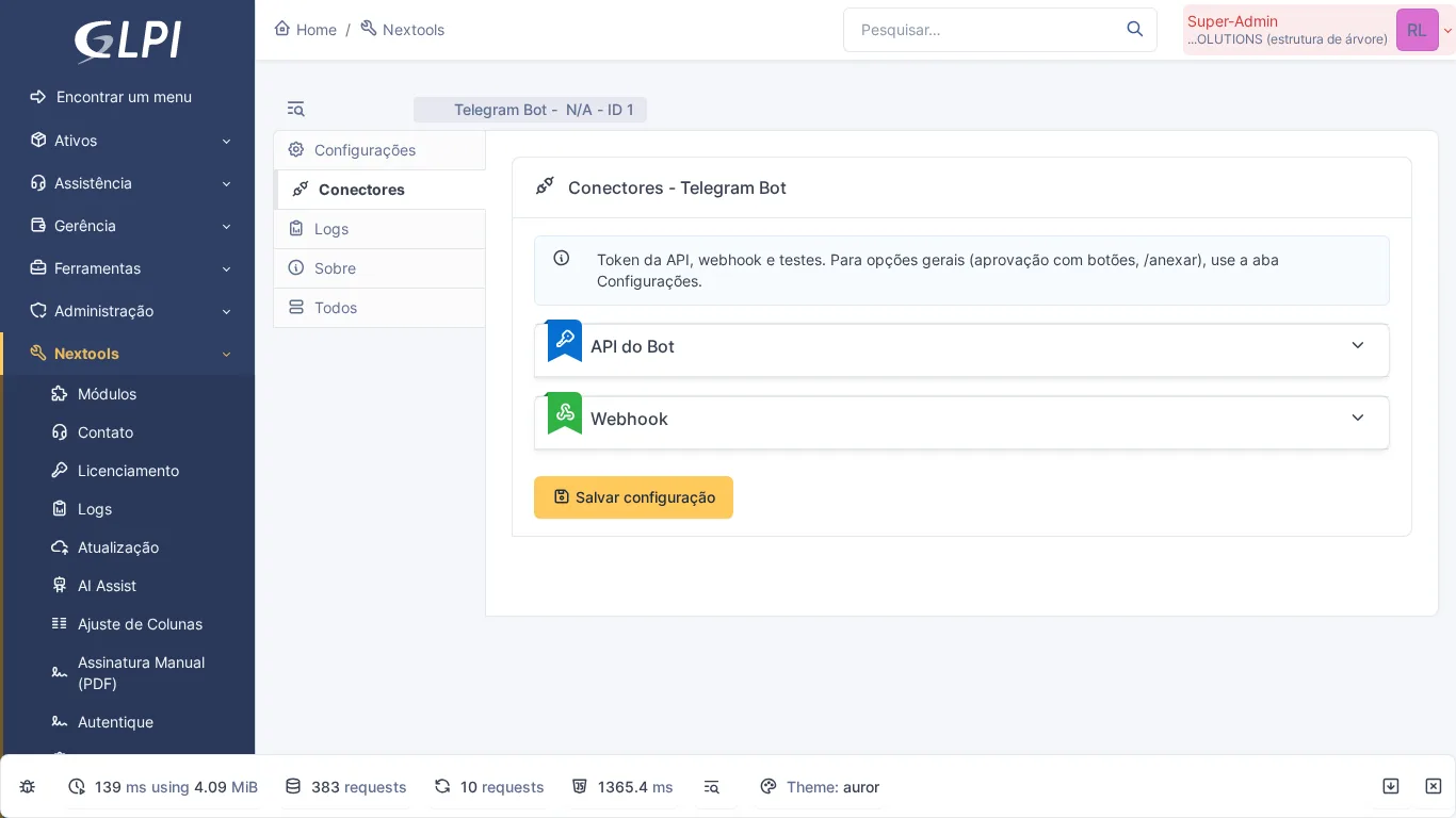 Pestaña Conectores del Telegram Bot en GLPI con token del bot y configuración de webhook