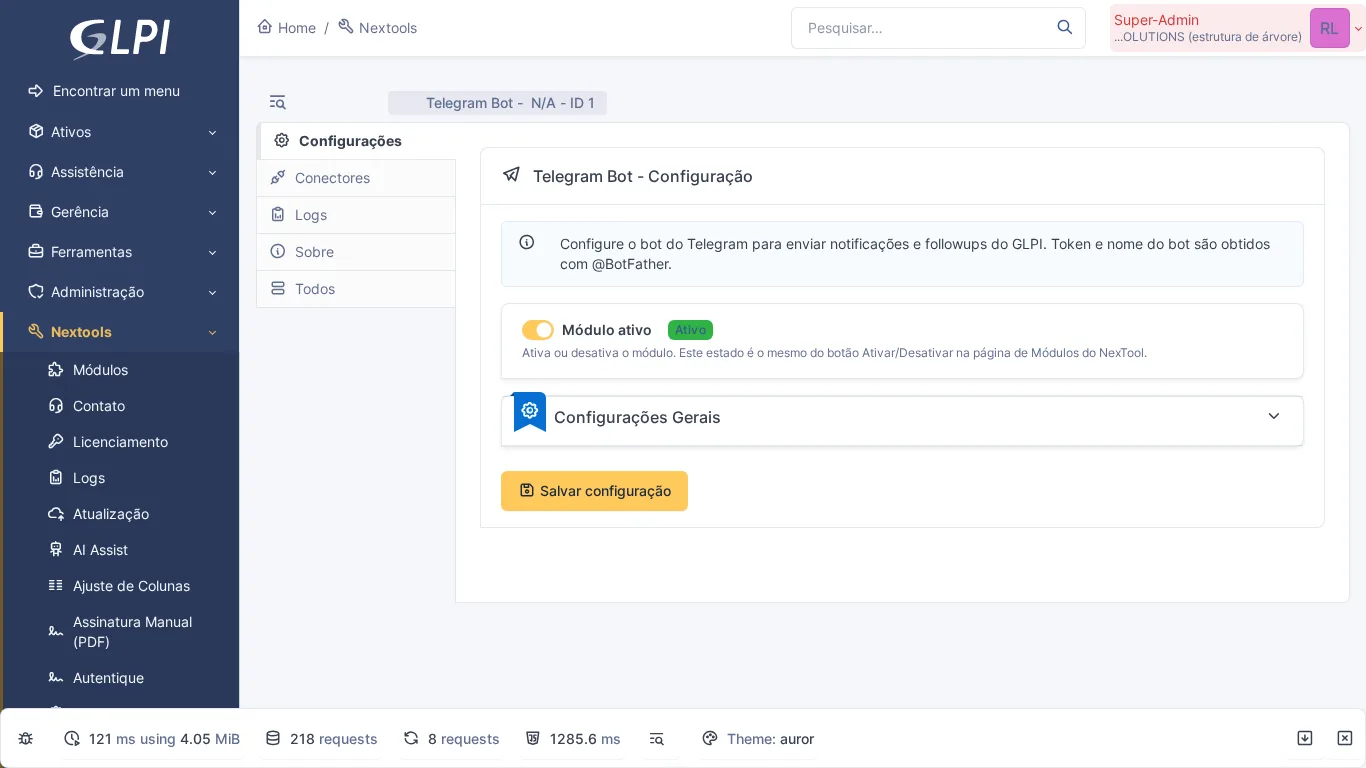 Página de configuración del módulo Telegram Bot en GLPI con conectores y configuraciones generales