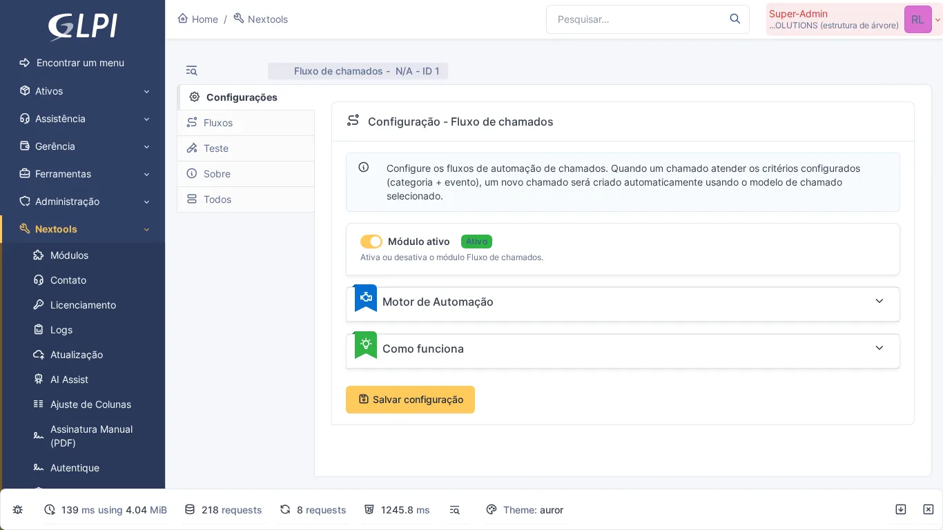 Página de configuração do módulo Ticket Flow no GLPI com automação de criação de chamados