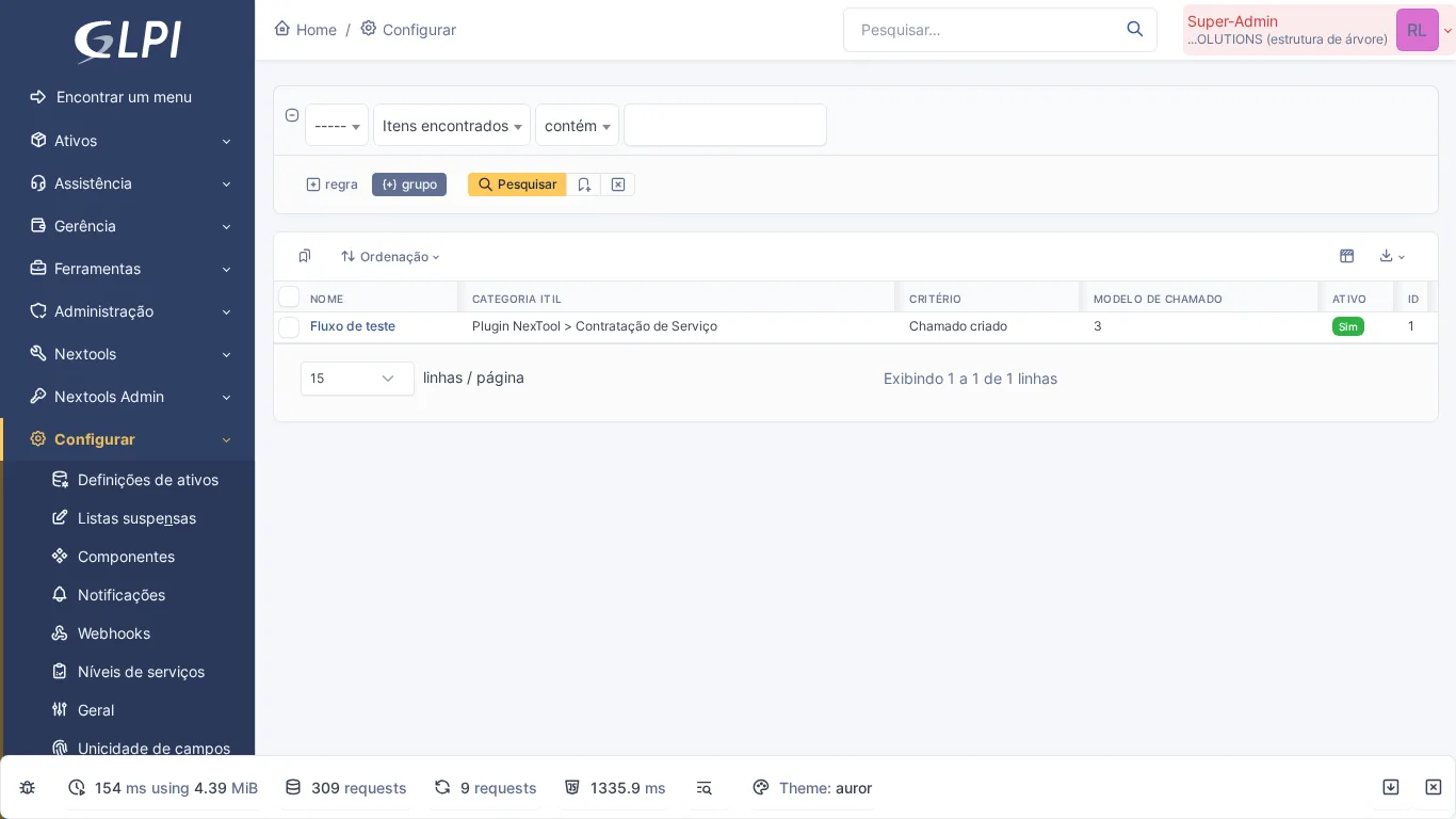 Lista de fluxos cadastrados no Ticket Flow com nome, categoria, critério e modelo de chamado