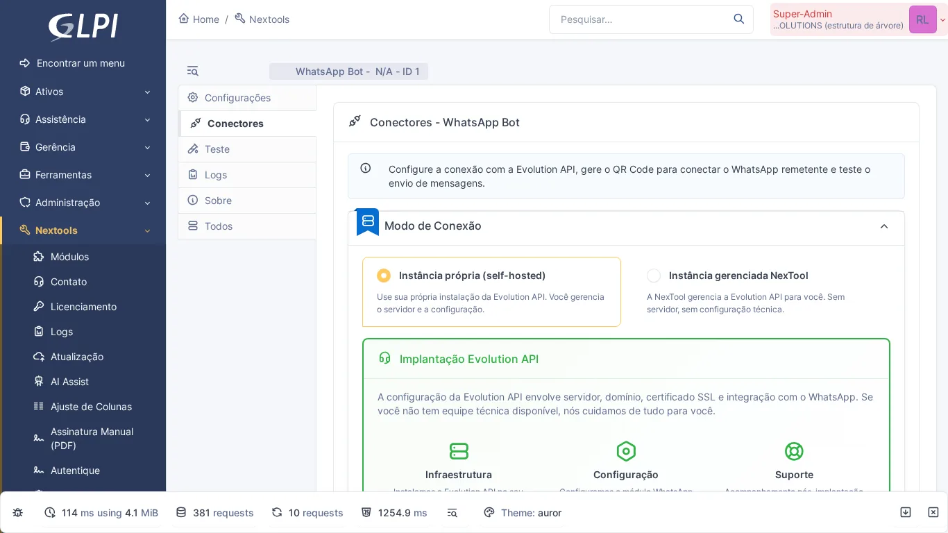 Pestaña Conectores del WhatsApp Bot en GLPI con modo de conexión Evolution API y despliegue